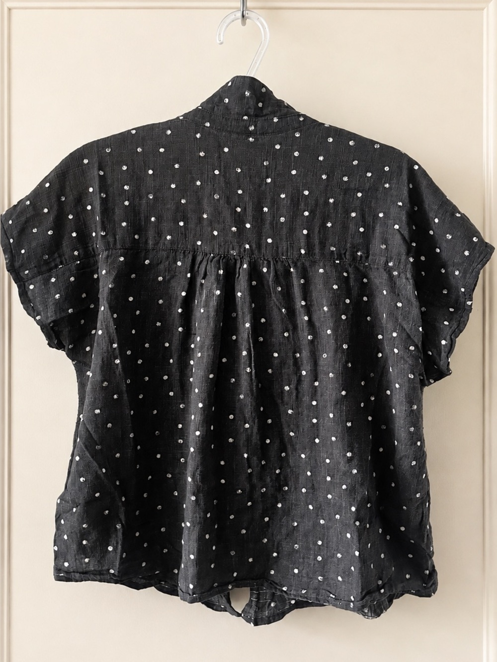 Women’s Short-Sleeve Button-Down Top with White Polka Dots - Picture 4 of 6